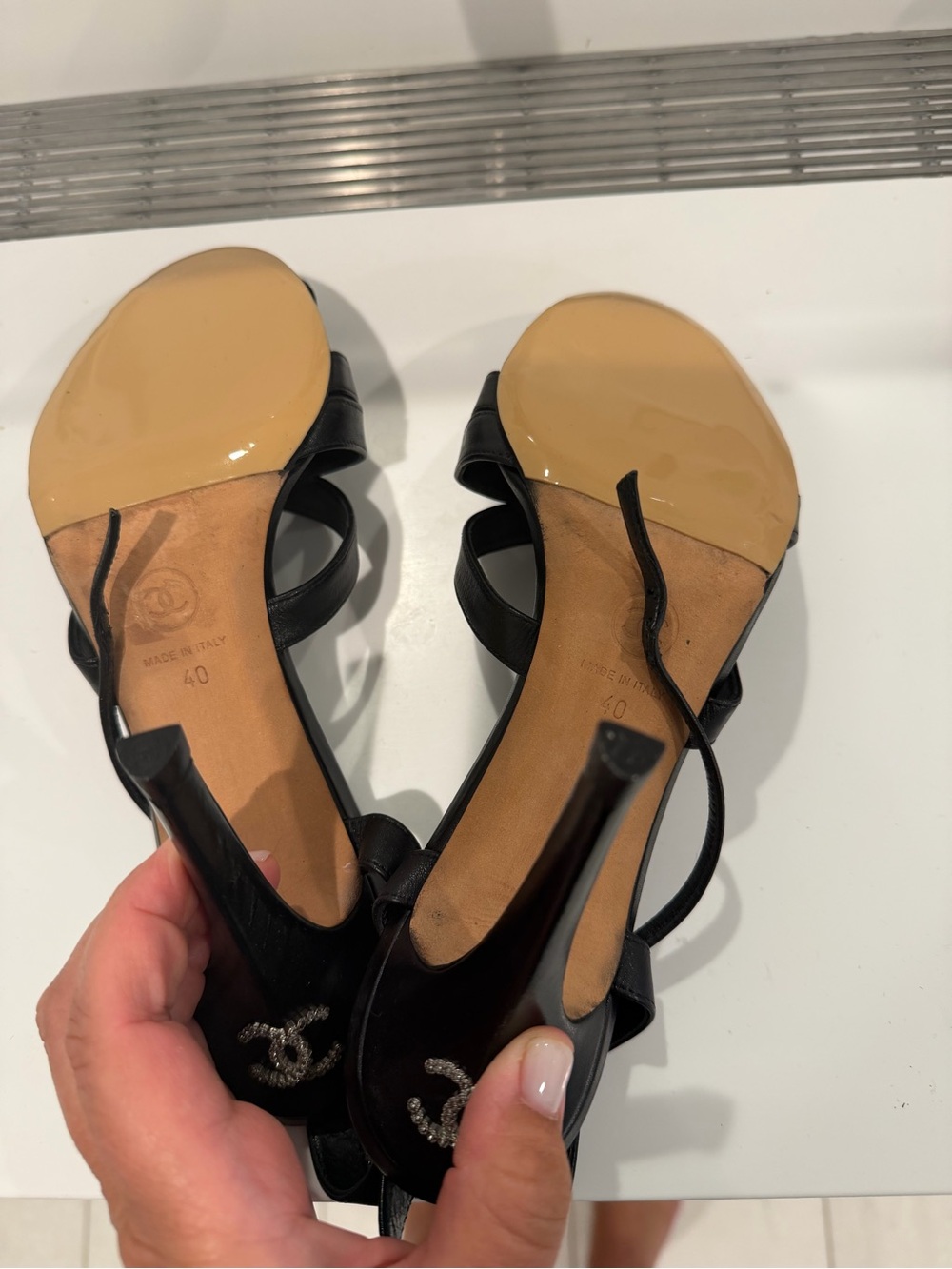 CHANEL Black Leather Crisscross Slingback Heels - Picture 6 of 8